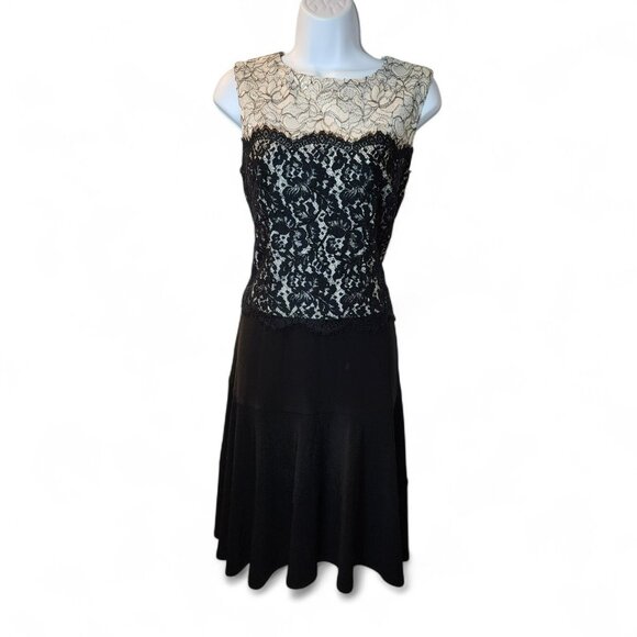 Joseph Ribkoff Dress 8 | Lace Contrast | Black/Ivory | Stretch | Flounce Hem - Picture 1 of 10